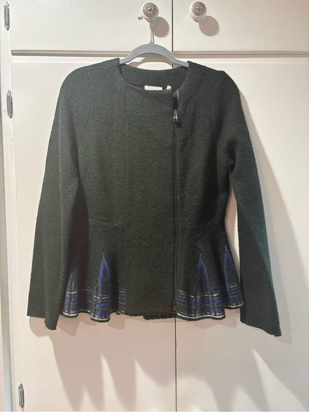 Anthropologie Dark Green Peplum Jacket with Blue Plaid Trim